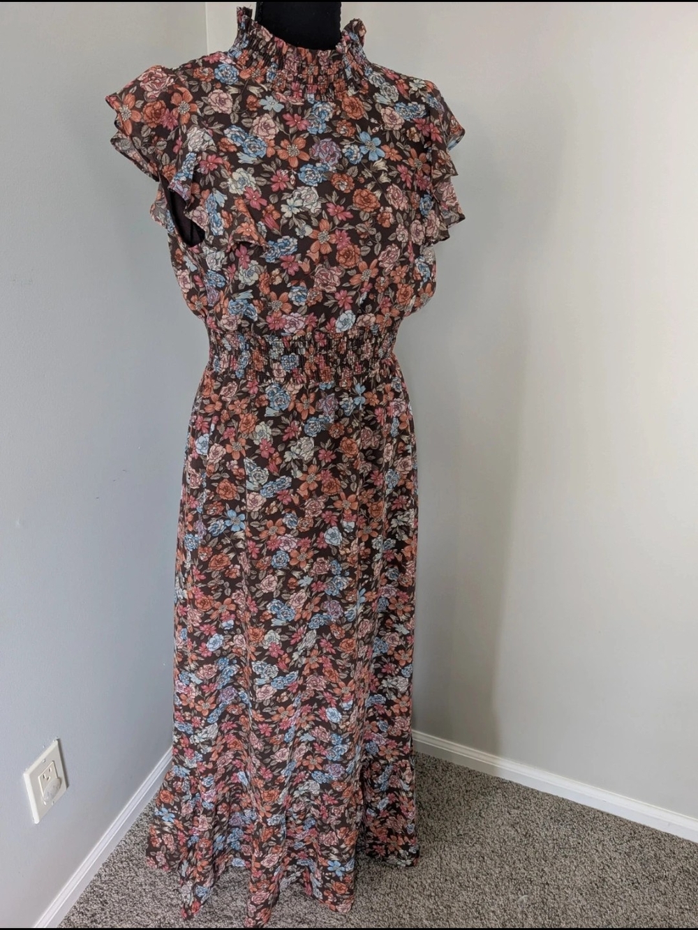 Floral Ruffle High-Neck Maxi Dress - Brown/Multi